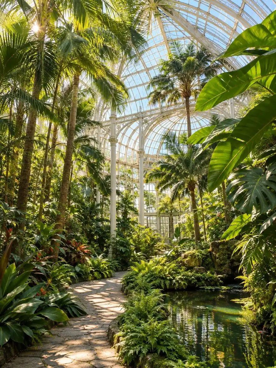 Tall palms and tropical leaves under the arched white iron-and-glass roof of a Victorian palm house
